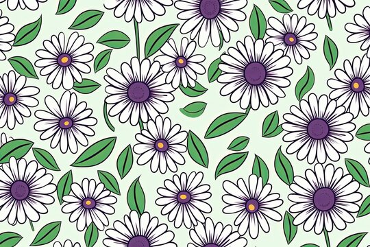 Daisy pattern, hand draw, simple line, green and purple