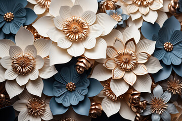 Abstract ceramic flowers decorated like jewelry with precious metals and stones.