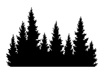 Fir trees silhouette. Coniferous spruce horizontal background pattern, black evergreen woods vector illustration. Beautiful hand drawn panorama of coniferous forest