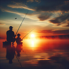 Photo real for Dad and son fishing at dawn in father day theme ,Full depth of field, clean bright tone, high quality ,include copy space, No noise, creative idea