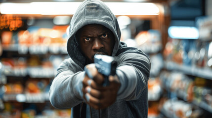 Fototapeta premium Crime Caught on Camera: Young Male with Gun in Store Robbery 