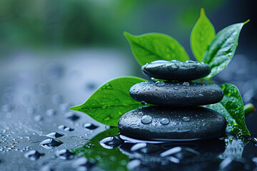 Fototapeta na wymiar Zen stones and leaves with water drops 