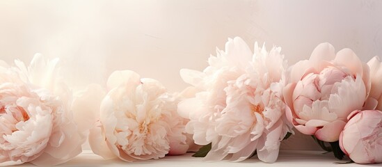 Numerous pink blossoms beautifully arranged on a sleek white shelf inside a cozy room