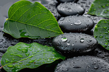 Zen stones and leaves with water drops
