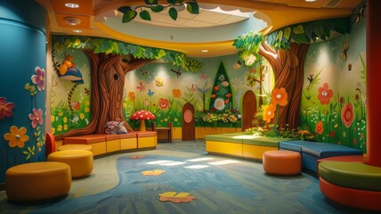 Warmly lit kids' zone with colorful furniture and whimsical tree mural - obrazy, fototapety, plakaty