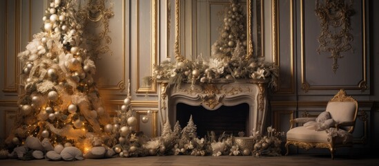 A festive Christmas tree adorned with sophisticated gold and white decorations placed inside a cozy room