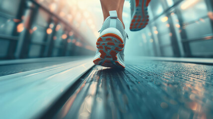 Exercise session captured through moving sneakers on treadmill - obrazy, fototapety, plakaty