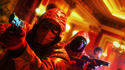 Photorealistic Drama: Armed Robbery in Action Inside a Bank
