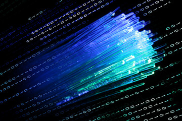 Optical fiber strands and binary code on black background, double exposure