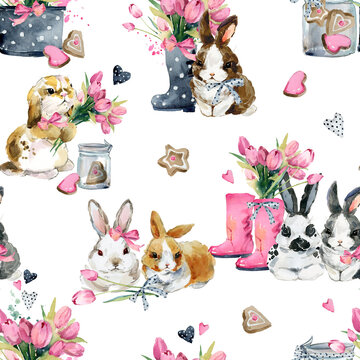 Cute watercolor baby bunny with flowers seamless pattern. Hand-drawn watercolor portrait of a rabbit bunny with a bouquet of flowers