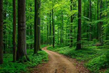 Obraz premium Panorama of a path through a lush green summer forest 