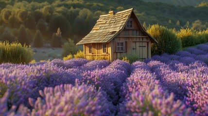 Quaint wooden cabin with a green roof sits amidst blooming lavender fields - obrazy, fototapety, plakaty