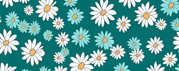 Daisy pattern, hand draw, simple line, green and turquoise