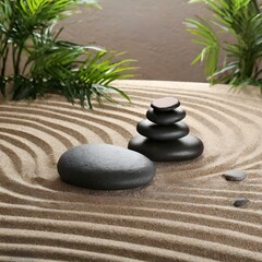 Obraz na płótnie Canvas Zen Garden Harmony: Balanced Stones and Serene Foliage