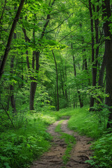 Fototapeta premium Panorama of a path through a lush green summer forest 