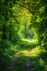 Fototapeta na wymiar Panorama of a path through a lush green summer forest 