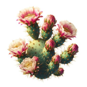 Blooming prickly pear cactus with vibrant pink flowers isolated on white background. Cactus photo. Generative AI