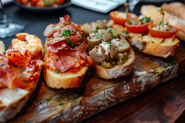 Spanish cuisine. Montaditos. Sliced bread topped with a variety of appetizers. Spanish Tapas