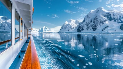 Panoramic view of icy waters and floating glaciers from a cruise ship deck