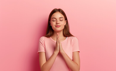 Calm lovely girl closed eyes hands fingers meditate retreat concentrate