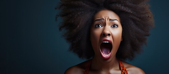 The cheerful woman with a voluminous afro hair is playfully pulling a funny expression with her wide-open mouth and exaggerated features - obrazy, fototapety, plakaty