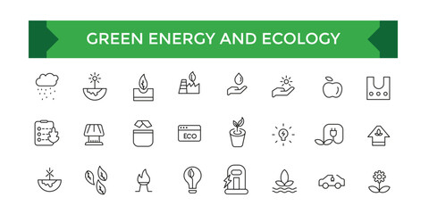 Green energy and ecology icon. Ecology icons set. Recycle, eco, solar power, wind power, nature, electric car icons and more signs.