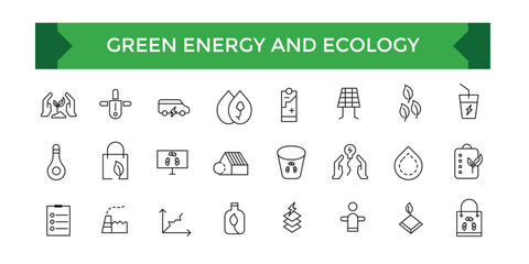 Green energy and ecology icon. Ecology icons set. Recycle, eco, solar power, wind power, nature, electric car icons and more signs.