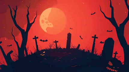 Gordijnen Minimalistic silhouette of a cemetery for Halloween © IvanCreator