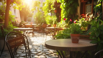 Sunlit patio of a charming cafe with green plants and cobbled flooring inviting a peaceful coffee break. - obrazy, fototapety, plakaty