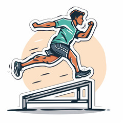 An athlete jumps over an obstacle, a bright sticker on a white background