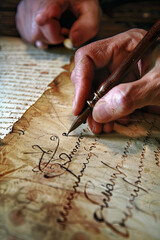 Hand writing on old parchment / paper using quill pen
