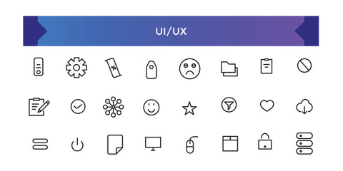 UI UX Icon set. Promotion line icons collection. Thin outline icons pack. Thin line icons for business, banking, contact, social media, technology, seo.