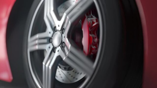 Car wheel on the road. Close up spinning sport car wheel. 3d animation