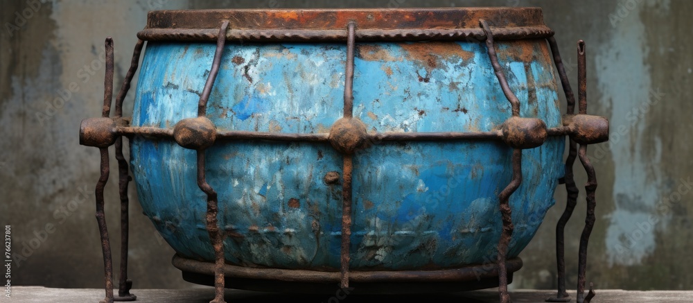 Poster a rusty drum with an electric blue automotive tire is symmetrically placed on a wooden table, creati