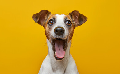 Surprised Dog on Solid Yellow Background - obrazy, fototapety, plakaty