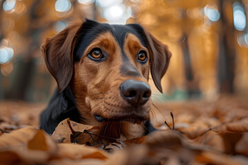 a close up of a dog's face with leaves on the ground in the foreground and trees in the background.