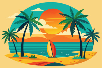 create beach-scene-with-sun-and-sea--one-surfbo .eps