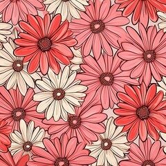 Daisy pattern, hand draw, simple line, red and purple