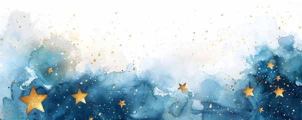 Poster Background with watercolor paint splashes in blue color and golden stars. © Artlana