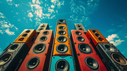 Vibrant cluster of loudspeakers against a serene blue sky - obrazy, fototapety, plakaty