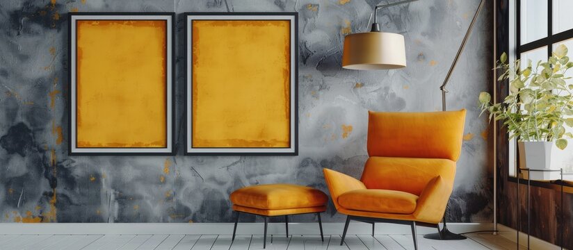 A cozy living room in a house with an orange chair, rectangular ottoman, wooden lamp, and yellow paintings on the wall. The lighting creates a warm atmosphere