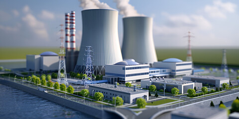 nuclear power plant working and smoke The Distant Vista of a Typical Nuclear Reactor - obrazy, fototapety, plakaty