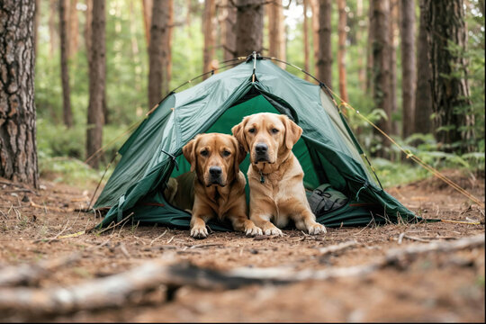 Two dogs snuggled together in a tent, portraying a picture of comfort and companionship in the beauty of nature