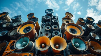 Vibrant cluster of loudspeakers against a serene blue sky - obrazy, fototapety, plakaty