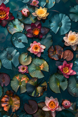 Beautiful water lilies gracefully float in the pond