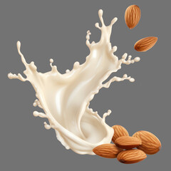 Milk splash liquid pour in the air almond seed nut isolated transparent background.