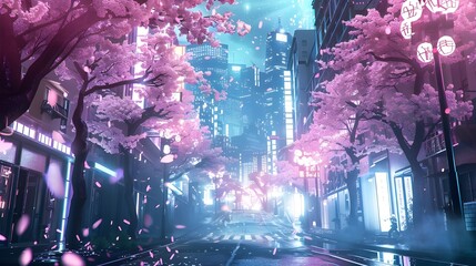Anime city street scene with cherry trees and neon signs 