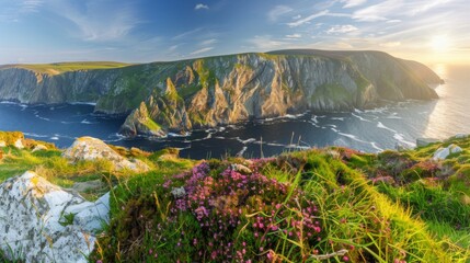 Slieve League, Irelands highest sea cliffs, located in south west Donegal along this magnificent costal driving route. Wild Atlantic Way route, Co Donegal, Ireland. - obrazy, fototapety, plakaty