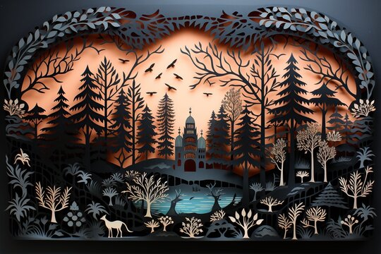Papercut Twilight Forest Scene with Cathedral. 