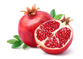 Fresh ripe pomegranate with cut in half isolated on white background.